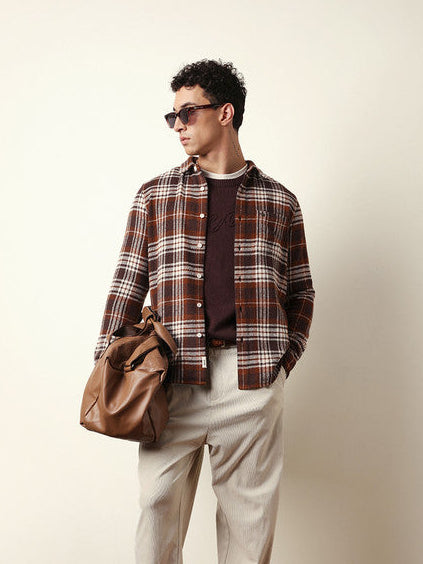 Men Slim Fit Checkered Button Down Collar Casual Shirt