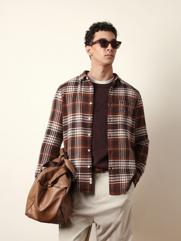 Men Slim Fit Checkered Button Down Collar Casual Shirt