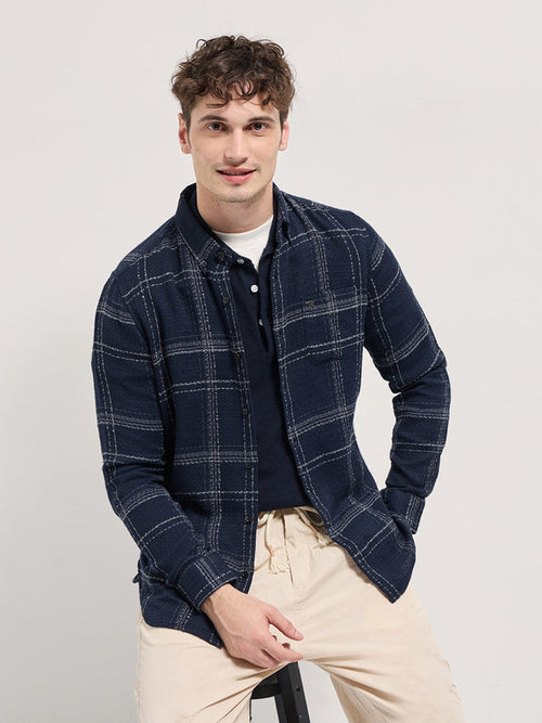 Men Slim Fit Checkered Button Down Collar Casual Shirt