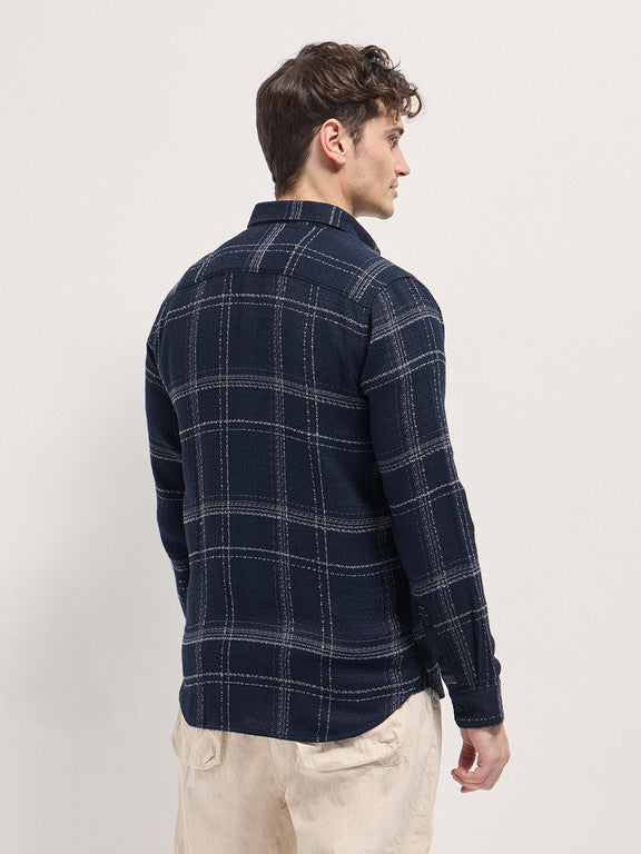 Men Slim Fit Checkered Button Down Collar Casual Shirt