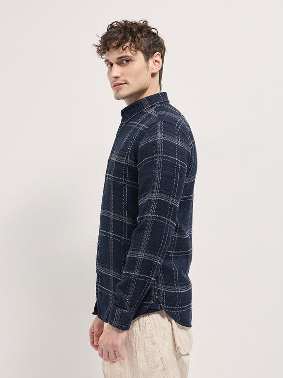 Men Slim Fit Checkered Button Down Collar Casual Shirt