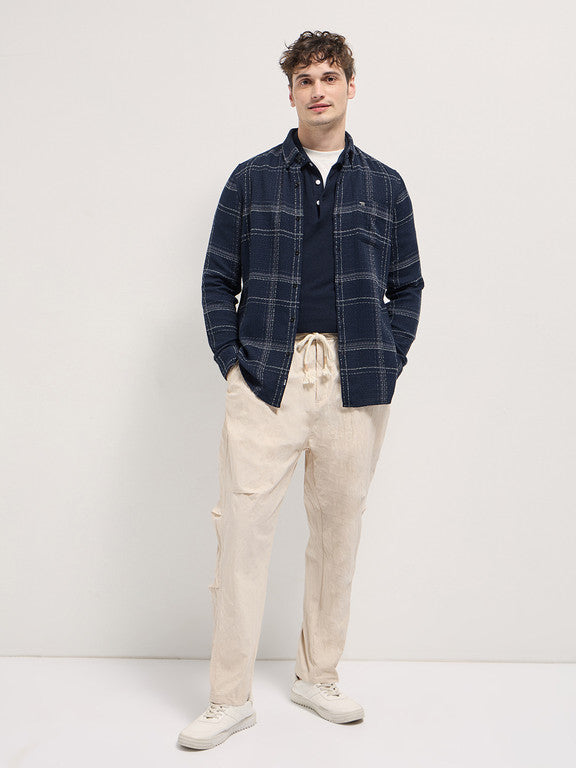 Men Slim Fit Checkered Button Down Collar Casual Shirt