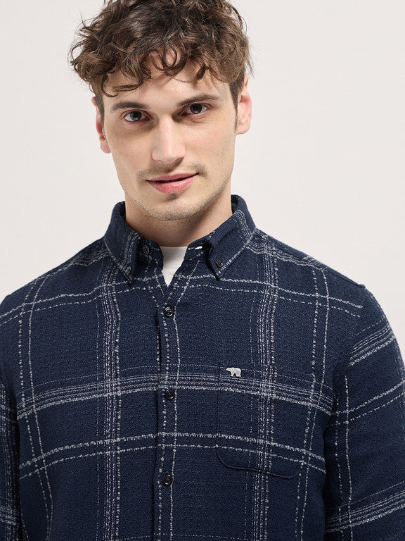 Men Slim Fit Checkered Button Down Collar Casual Shirt