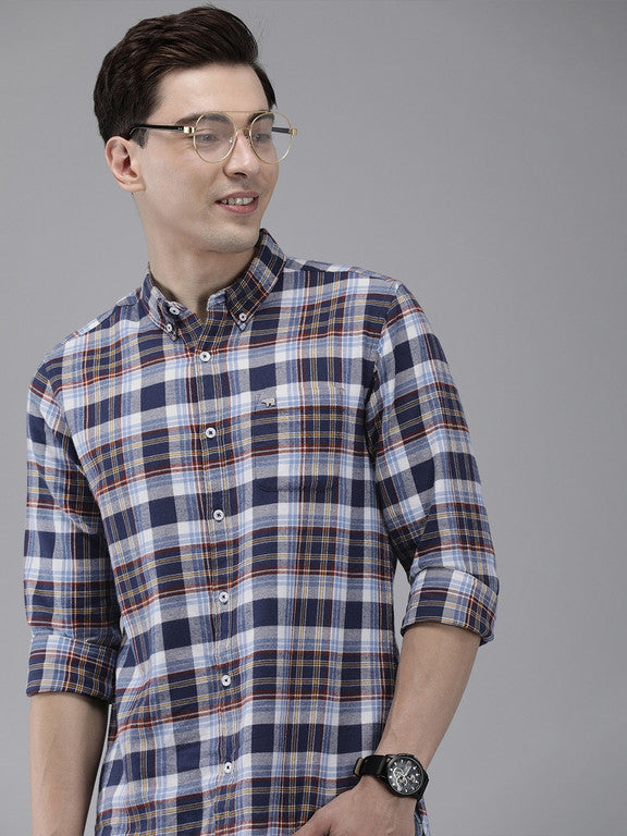 Men Slim Fit Checkered Button Down Collar Casual Shirt