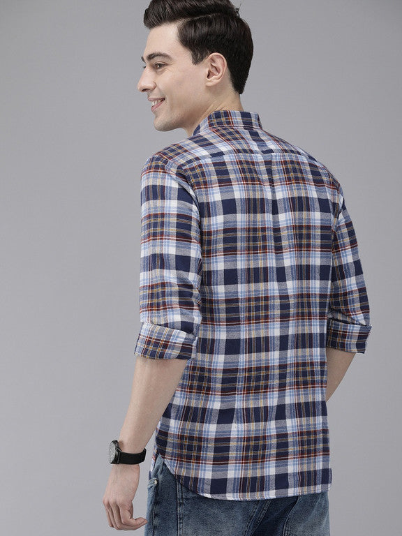 Men Slim Fit Checkered Button Down Collar Casual Shirt