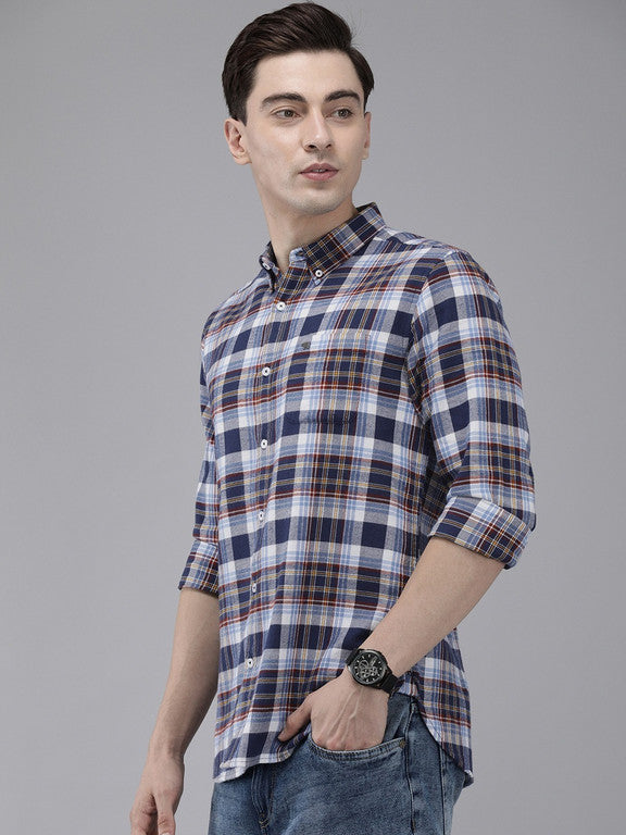 Men Slim Fit Checkered Button Down Collar Casual Shirt