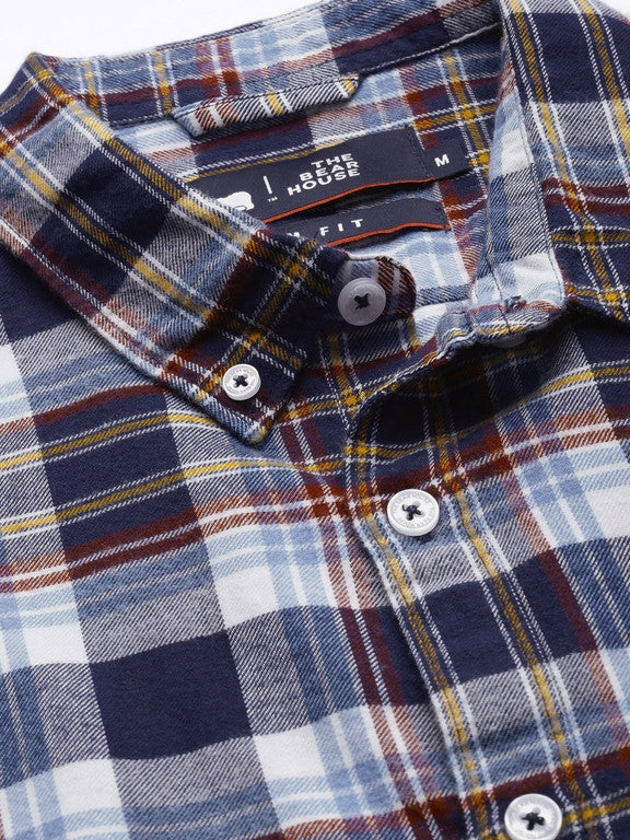 Men Slim Fit Checkered Button Down Collar Casual Shirt