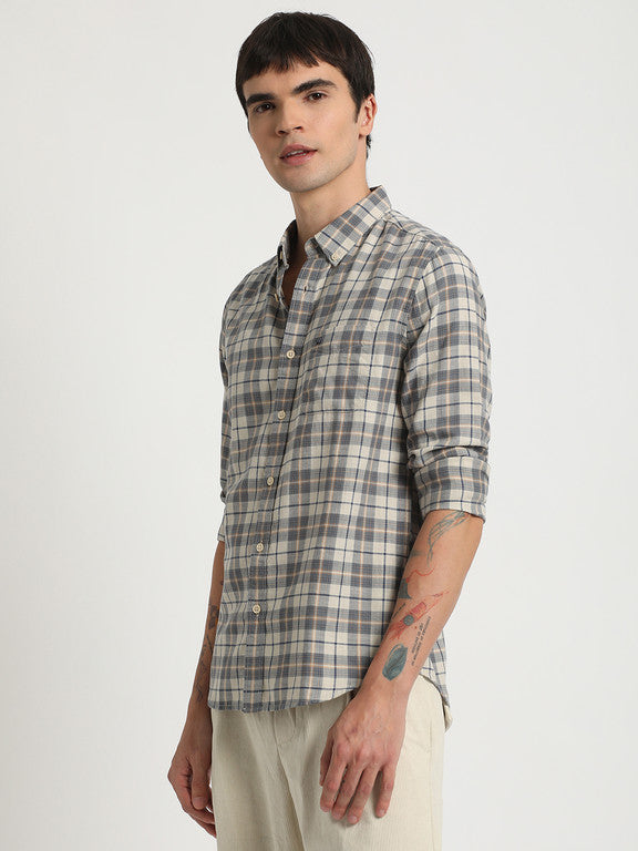 Men Slim Fit Checkered Button Down Collar Casual Shirt