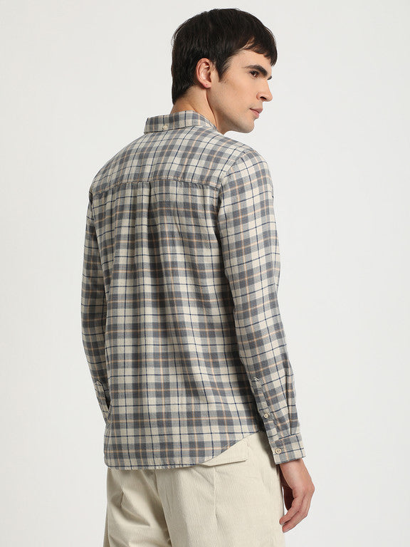 Men Slim Fit Checkered Button Down Collar Casual Shirt