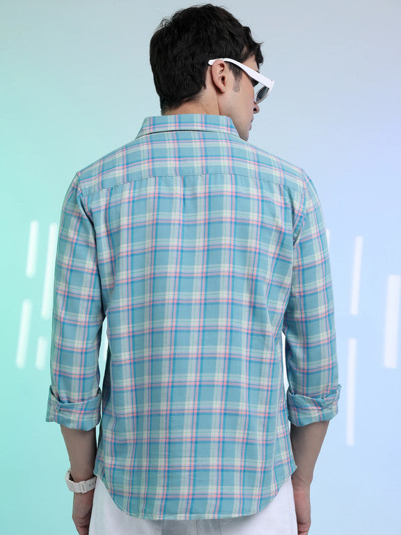 Men Slim Fit Checkered Button Down Collar Casual Shirt