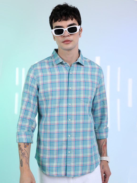 Men Slim Fit Checkered Button Down Collar Casual Shirt