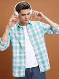 Men Slim Fit Checkered Button Down Collar Casual Shirt